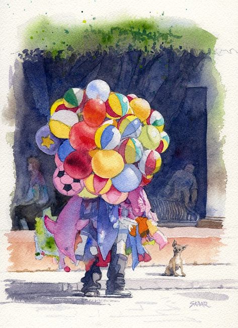 Balloon Man Drawing, Mexican Paintings Ideas, Mexican Watercolor, Mexico Culture Art, Mexican Illustration, Mexico Illustration, Mexico Watercolor, Mexico Painting, Mexican Art Painting