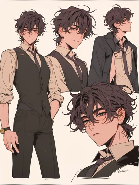 Tall Male Character Design, Oc Hairstyles Ideas Male, Sleeveless Turtleneck Drawing, Short Curly Hair Character Design, Royal Male Oc, Male Art Poses Reference, Male Oc Art Brown Hair, Brown Haired Character, Brown Hair Male Character Art