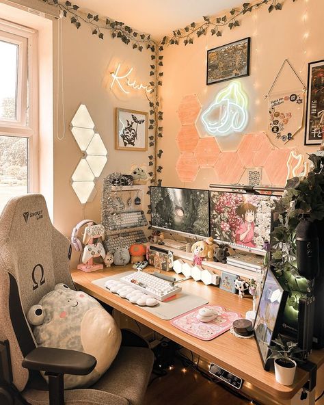 | cozy gamer | pc build | pc setup | desk accessories | desk goals | pc gamer | pc gaming | setup | deskgram | stardew | Cozy Office Game Room, Zen Gaming Setup, Art And Gaming Room, Pc Color Scheme, Hobby Corner Ideas, Office Decor Workplace Cubicle, Hobby Room Aesthetic, Boho Gamer Room, Cozy Wallpapers Desktop