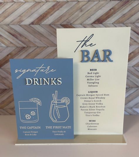 Custom Drinks, Drinks Wedding, Drinks Bar, Event Bar, Signature Drinks Sign, Blue Themed Wedding, Drink Signs, Future Wedding Plans, Wedding Drink