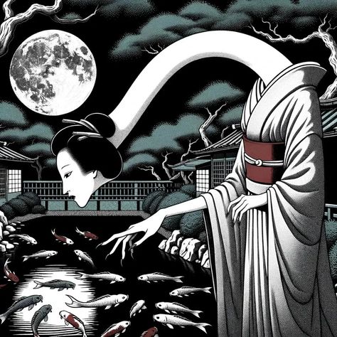 The rokurokubi (ろくろ首, 轆轤首) is a strange creature from Japanese mythology, close to the nukekubi. During the day, it looks like a completely normal person, but at night, its neck. Kuchisake Onna, Japanese Yokai, Japanese Legends, Japanese Animated Movies, Japanese Poster Design, Japanese Mythology, Japanese Horror, Meiji Era, Japanese Folklore