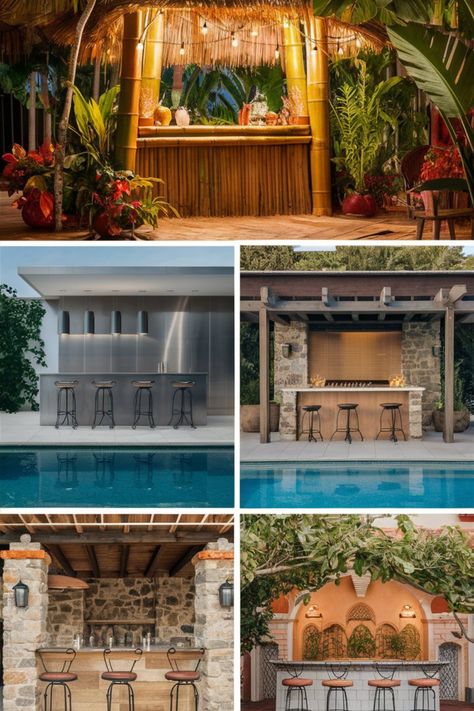 Transform your backyard into a tropical paradise with these 21 tiki bar ideas. Enjoy island vibes and delicious cocktails by the pool. #TikiBar #TropicalVibes Poolside Tiki Bar Ideas, Poolside Bar Ideas, Pool Bar Design, Tiki Bar Ideas, Poolside Bar, Large Pool, Pool Bar, Pool Side, Island Vibes