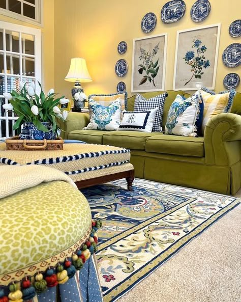 Whimsical Living Room, Blue And Green Living Room, British Decor, French Country Living Room, Green Velvet Sofa, Blue White Decor, Morning View, Country Living Room, Living Room Green