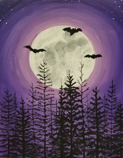 Bats Painting Easy, Halloween Sip And Paint Party Ideas, Paint Night Halloween, Simple Bat Painting, Purple Halloween Painting, Halloween Night Sky Painting, Halloween Diy Painting Canvas Easy, Scary Artwork Easy, Halloween Canvas Art Easy