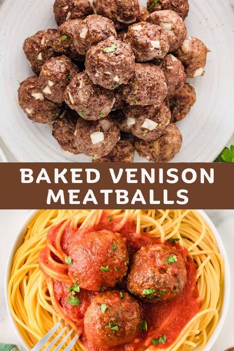 Juicy baked venison meatballs are made with Italian breadcrumbs, fresh parsley, onion, and Worcestershire sauce. Perfect with marinara sauce and spaghetti!  Great for sub sandwiches.  Easy appetizer, too. Venison Spaghetti Sauce, Ground Venison Meatballs, Venison Meatballs Recipes, Venison Parmesan, Venison Recipes Ground, Venison Spaghetti, Venison Meatball, Easy Venison Recipes, Venison Meatball Recipes