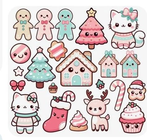 Cute Winter Drawings Kawaii, Kawaii Drawings Christmas, Kawaii Christmas Drawings, Coloring Hello Kitty, Kawaii Winter Illustration, Kawaii Winter Coloring Pages, Kawaii Christmas Stickers, Christmas Stickers Printable, Christmas Kawaii