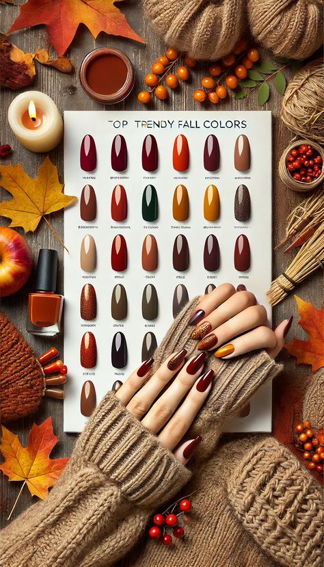 Discover the top 10 trending nail colors for fall, from deep burgundy to warm caramel shades. Get inspired for your next autumn manicure! Tags: #FallNailColors #NailInspo #AutumnBeauty #NailTrends2024 #ManicureIdeas Warm Autumn Nail Color, Deep Autumn Nails, Deep Autumn Nail Colors, Nail Colors For Fall, Trending Nail Colors, Autumn Manicure, Deep Autumn Color Palette, Nail Paints, Autumn Nail