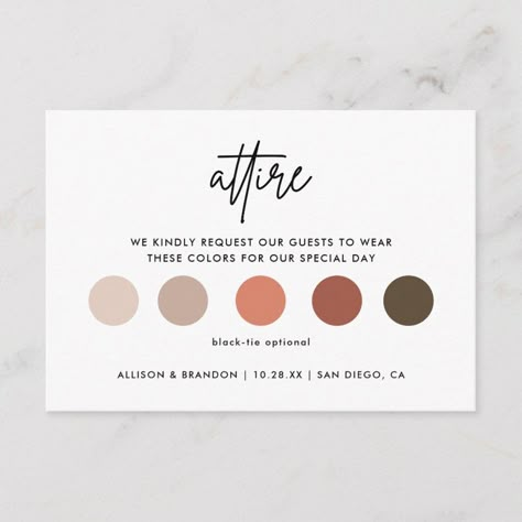 Minimalist Wedding Attire Dress Code Cards  Zazzle Wedding Guest Color Palette, Wedding Stuff Ideas, Happily Ever After Party, Ever After Party, Wedding Dress Code, Wedding Color Pallet, Black Tie Optional, Dress Code Wedding, Engagement Party Ideas