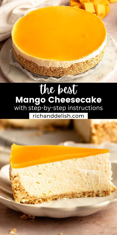 This no bake mango cheesecake is made with an easy graham cracker crust, topped with a creamy, lightly sweet, and slightly tangy mango cheesecake filling, topped with a mango jelly that makes this cake not only impressive but delicious. Easy Graham Cracker Crust, No Bake Mango Cheesecake, Holiday Recipes Christmas Desserts, Nyonya Kuih, Mango Jelly, Mango Dessert Recipes, Cheesecake Toppings, Mango Cheesecake, Mango Dessert