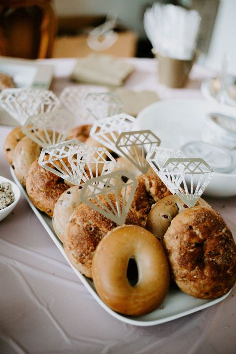 Diamond Ring Bagels Intimate Bridal Brunch, Bridal Breakfast Brunch, Brunch Foods For Bridal Party, Ring Donuts Bridal Showers, Ring Themed Food, Unisex Bridal Shower Ideas, Cute Bridal Shower Food, Bagel Bar Bridal Shower Brunch Party, Doughnut Bridal Shower Ideas