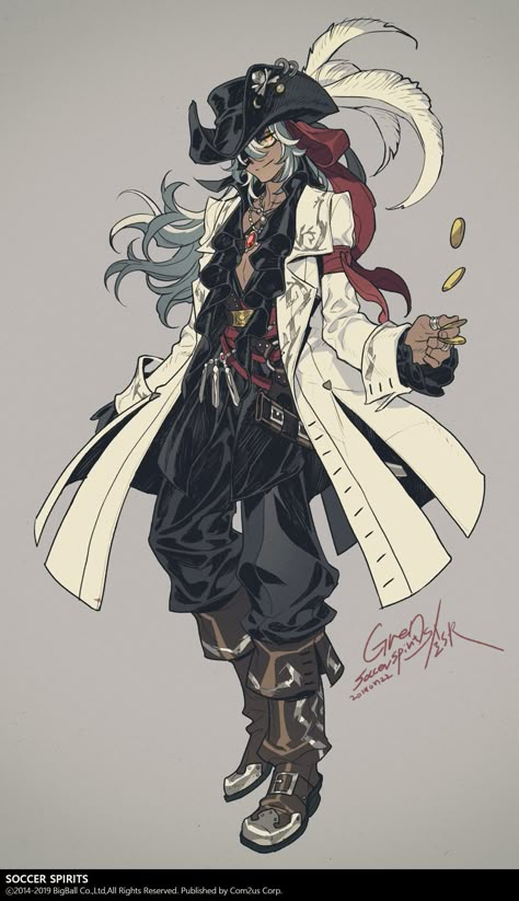 Anime Character Looking Back Over Shoulder, Sky Pirates Concept Art, Dnd Warlock Character Design, Fantasy Pirate Art, Character Design Inspiration Male, Pirate Character Design, Pirate Character, Anime Pirate, Pirate Art