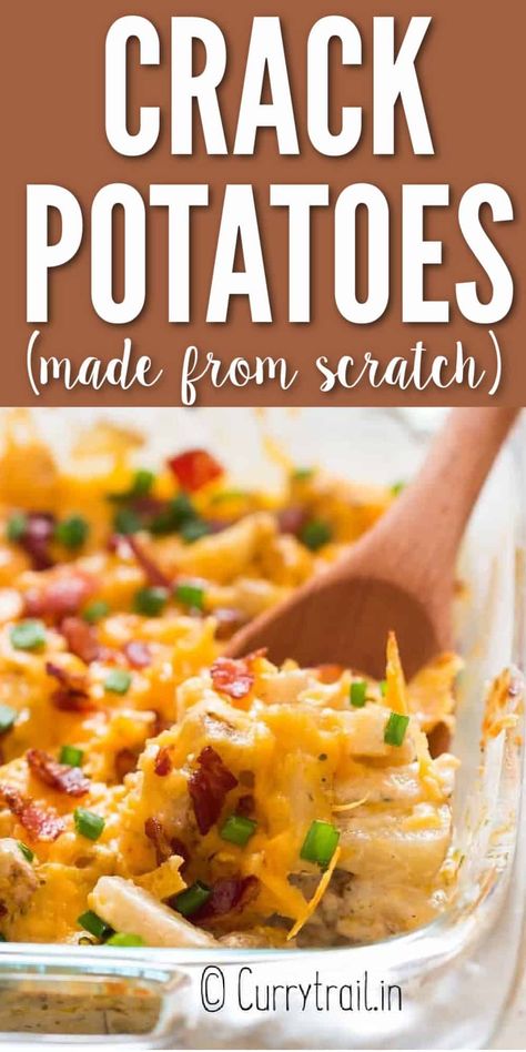 Loaded crack potatoes are the best thing you’ll ever make. Cheesy, creamy and ranch side dish is loaded with bacon and very easy to make. #crackpotatoes #crackpotatoesrecipes #potatosidedish #bakedpotatocasserole #potatocasserole Ranch Potatoes Baked, Cheesy Potatoes With Hashbrowns, Loaded Potato Casserole, Cheesy Potato Bake, Cheesy Ranch Potatoes, Fresh Potato, Baked Potato Casserole, Potatoe Casserole Recipes, Cheesy Bacon