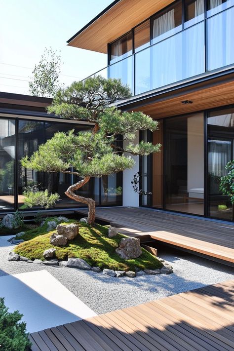 Modern japanese house inner courtyard with minimalist deck and laid tatami mats the courtyard has a small zen garden with bonsai trees. Check out all of these Japanese courtyard houses that blend nature, minimalism, and tranquility to embrace full zen living. Minimalistic Houses Exterior, Bonsai Tree Outdoor Garden, Minimalist Japanese Garden, Japanese Inspired Courtyard, Courtyard Zen Garden, Japanese Garden Modern, Small Minimalist Garden, Japanese Garden Inspiration, Japanese Scandinavian House