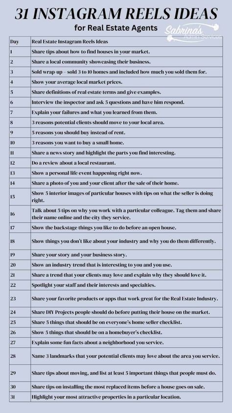 31 Day Clever Instagram Reels Ideas for Real Estate Agents list #contentmarketing #digitalmarketing #entrepreneurship #luxuryhomes #luxuryrealestate #marketing #marketingdigital #marketingplan #marketingstrategy #marketingtips #realestate #realestateagent #realestateagents #socialmedia #socialmediamanagement #socialmediamanager #socialmediastrategy #socialmediatips Real Estate Stories, Real Estate Reels, Instagram Reels Ideas, Real Estate Marketing Plan, Engagement On Instagram, Real Estate Terms, Realtor Social Media, Real Estate Marketing Ideas, Real Estate Instagram