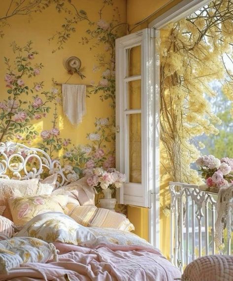 English Garden Inspired Bedroom, Vintage Yellow Bedroom, Pink Cottagecore Room, Yellow Room Aesthetic, Yellow Bedroom Aesthetic, Casa Hobbit, Casa Vintage, Yellow Bedroom, Stylish Bedroom