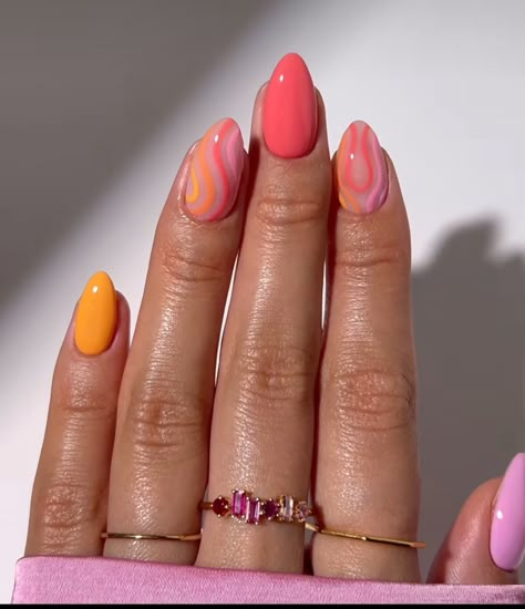 Pink Yellow And Orange Nails, Tequila Sunrise Nails, Pink Orange And Yellow Nails, Goa Nails, Orange Nail Art, Edgy Nails, Nails Today, Simple Gel Nails, Simple Acrylic Nails