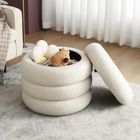 Round Boucle Ottoman with Storage for Dorm, Upholstered Storage Ottoman with Soft Padded Seat, Large Circle Ottoman with Removable Lid, Dorm Decor for College, Living Room, Bedroom, Off White Tufted Footstool, Boucle Storage, Sherpa Ottoman, Furniture For Room, Ottoman Round, Pouf Footstool, Ottoman With Storage, Pink Vanity, Small Ottoman