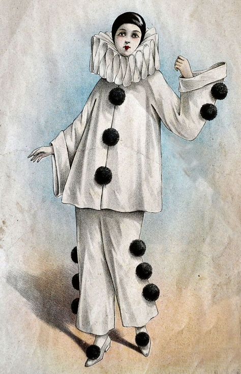 Pierrot And Pierrette, Mime Character Design, Harlequin Aesthetic, Pantomime Ideas, Pierott Clown, French Mime, French Clown, Pierrot Costume, Black And White Clown