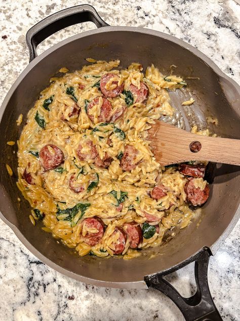 Orzo Turkey Sausage, Dinners With Turkey Sausage, Sausage Rice Skillet Recipes, Creamy Orzo With Sausage, Orzo Stir Fry, Italian Sausage Orzo Pasta, Recipes With Honey Garlic Sausage, Orzo Sausage Spinach Recipes, Creamy Orzo With Chicken Sausage