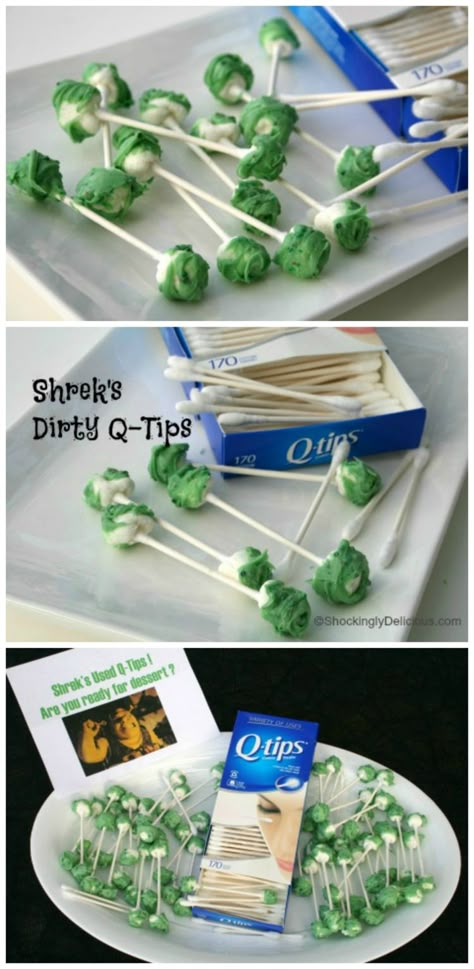 How to make Shrek's Dirty Q-Tips for a suitably disgusting Halloween party dessert that will have people shuddering | ShockinglyDelicious.com Shrek Birthday Party Decorations Diy, Shrek Snacks, Gross Recipes, Shrek Food, Shrek Party Ideas, Shrek Themed Party, Shrek Halloween, Shrek Birthday Party, Festive Dessert Recipes