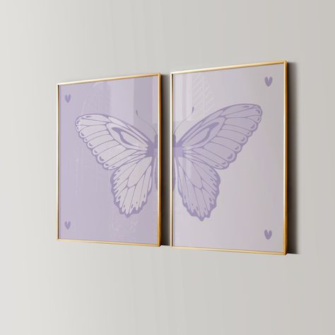 Split Butterfly Print, College Apartment Decor, Retro Y2K Dorm Room Posters, Trendy Wall Art, Purple Coquette Girly Preppy Aesthetic Purple Butterfly Themed Room, Girly Purple Bedroom, Split Butterfly Wall Art, Purple And White Dorm Room Ideas, Purple Bathroom Aesthetic, Purple And White Room Ideas, Purple Apartment Decor, Purple Themed Room, Room Decor Lavender