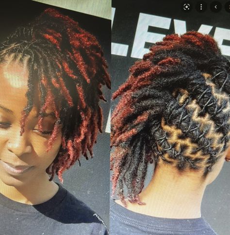 Dread Styles For Short Hair, Dreads With Color Black Women, Short Loc Color Ideas Black Women, Barrel Twist Locs Women Half Up Half Down, Elegant Short Loc Styles, Mid Length Loc Styles For Women, Starter Locks Black Women, Short Starter Loc Styles For Women Updo, Loc Styles To The Side