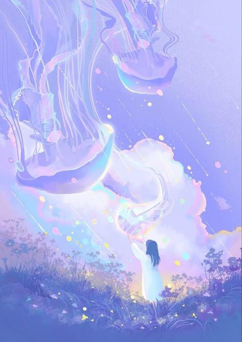 Kokomi Aesthetic, Blue Digital Art, Jellyfish Art, Dreamy Artwork, Desktop Wallpaper Art, Fantasy Art Landscapes, Pastel Background, Fantasy Aesthetic, 판타지 아트