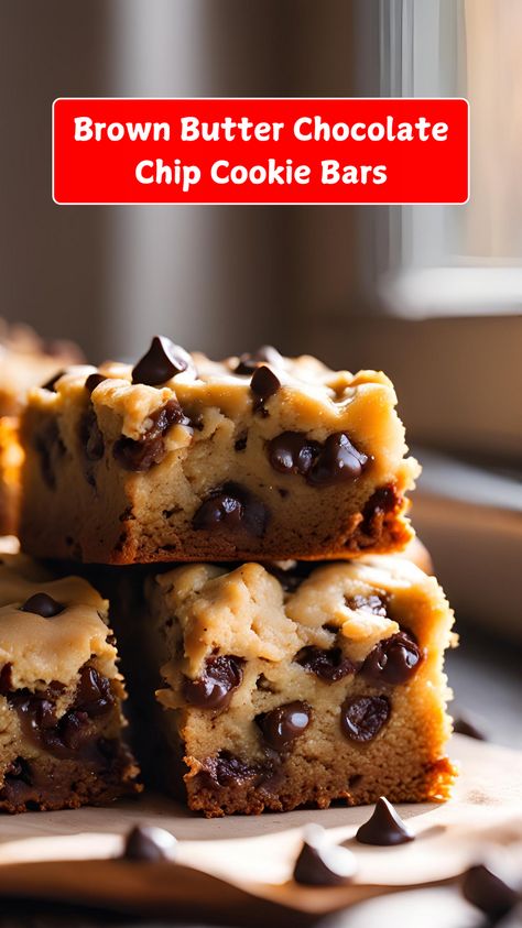 Brown Butter Chocolate Chip Cookie Bars – Experience the rich, nutty flavor of brown butter in these irresistibly soft and chewy cookie bars! Loaded with gooey chocolate chips, these bars are the perfect treat for any chocolate lover. Easy to make and hard to resist! 🍫✨  #BrownButterCookies #ChocolateChipCookieBars #BakingBliss #SweetIndulgence #CookieLovers #DessertGoals #HomemadeGoodness #EasyRecipes #ComfortFood #ChocolateHeaven Chewy Cookie Bars, Chocolate Chip Cookie Bar Recipe, Oatmeal Chocolate Chip Bars, Brown Butter Cookies, Brown Butter Chocolate Chip, Brown Butter Chocolate Chip Cookies, Chocolate Chip Bars, Chocolate Chip Cookie Bars, Oatmeal Chocolate Chip