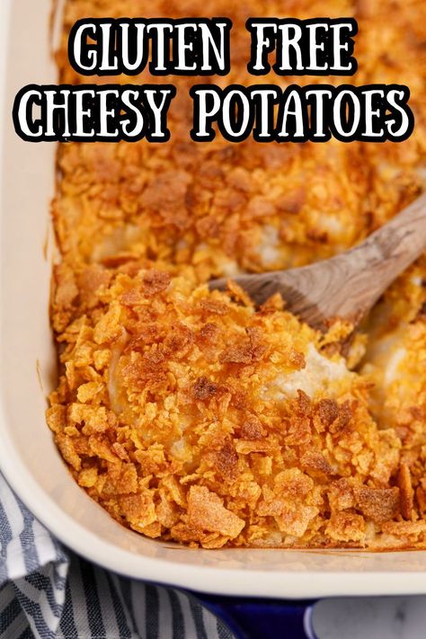 These Gluten Free Cheesy Potatoes are the ultimate easy side dish for holidays like Thanksgiving, Christmas, and Easter. They are also a delicious option for potlucks, brunch, or large family dinners! Cheesy, creamy, and featuring a crispy topping, this gluten free side dish is sure to become a family favorite! Gluten Free Vegetarian Potluck Recipes, Sides For Friendsgiving, Gluten Free Thanksgiving Recipes Side, Gluten Free Side Dishes Thanksgiving, Easy Gluten Free Thanksgiving Recipes, Easy Gluten Free Sides, Gluten Free Christmas Appetizers Easy, Gluten Free Potato Recipes, Gluten Free Cheesy Potatoes