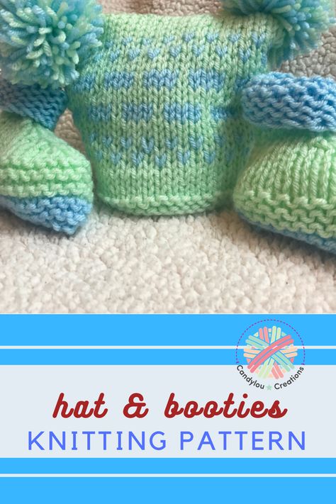 Knit a double pompom hat with matching booties for the newest baby in your life.  An easy modern pattern for a great and quick baby shower gift. baby knitting | baby hat | pompom hat | booties #candyloucreations Knitted Baby Two Pom Pom Hats Free Patterns Newborns, Knitting Baby Hat, Baby Hat With Pom Pom Crochet Pattern, Double Pom Pom Hat Knitting Pattern, Knitting Projects Hats, Double Pom Pom Beanie Crochet, 2 Pom Pom Beanie, Baby Hats Knitting Free, Baby Pom Pom Hat