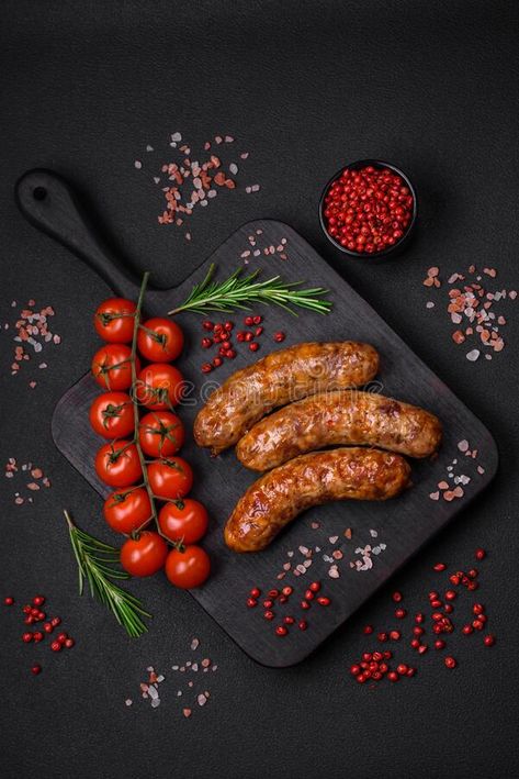 Delicious fried grilled sausages with salt, spices and herbs royalty free stock images Sausage Brands, Fried Toast, Protein Shop, Food Photography Lighting, Food Photography Dessert, Boys 1st Birthday Cake, Food Beef, Sausage Party, Bakery Design Interior