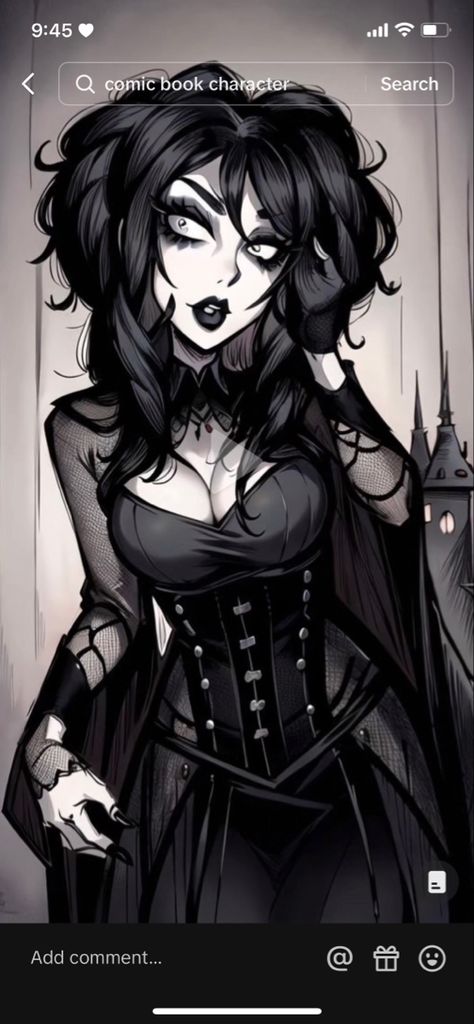 Goth Oc Girl, Goth Hair Drawing, Gothic Character Art, Goth Girl Character Design, Vampire Oc Female Art, Goth Character Art, Goth Cartoon Characters, Goth Oc Art, Goth Girl Drawing