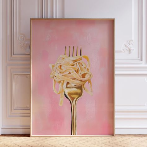 - New With Tags - Unframed - Measurements Are In Inches Anthropologie Art, Pink Pasta, Girly Poster, Kitchen Wall Prints, Kitchen Italian, Gold Fork, Fork Art, Pasta Art, Trendy Food