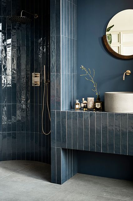 Series - Douglas & Jones Dark Blue Bathrooms, Bad Inspiration, Bathroom Design Inspiration, Bathroom Inspiration Decor, Upstairs Bathrooms, Bad Design, Downstairs Bathroom, Blue Bathroom, Tile Flooring