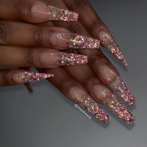 Glitter Encapsulated Nails, Cristal Aesthetic, Glass Nails Designs, Crystals Book, Crystals Aesthetic, Gold Acrylic Nails, Encapsulated Nails, Crystal Vibes, Gold Glitter Nails