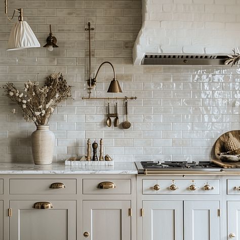 European Farmhouse Kitchen Inspiration, Kitchen Cabinets With White Countertops, French Country Kitchen Backsplash, Full Height Backsplash, Cabinets With White Countertops, Barn House Kitchen, Country Kitchen Backsplash, Teaching Kitchen, Backsplash Behind Stove