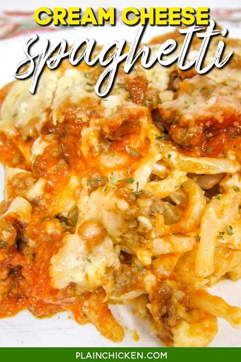 Recipe Using Spaghetti Sauce, Best Baked Spaghetti Recipe, Cream Cheese Spaghetti Casserole, Best Baked Spaghetti, Speggetti Recipes, Ground Beef Spaghetti Sauce, Easy Baked Spaghetti Recipe, Recipes Using Cream Cheese, Garlic Cream Cheese