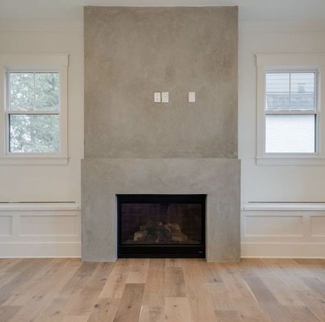 Concrete Plaster Fireplace, Large Plaster Fireplace, Concrete Finish Fireplace, Fireplace Drywall Surround, Cement Board Fireplace Surround, Cement Board Fireplace, Studio Mcgee Fireplace Ideas, Grey Plaster Fireplace, Venician Plaster Fireplace