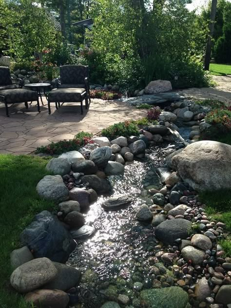 Backyard Stream, Garden Stream, Tanaman Air, Kolam Koi, Patio Areas, Aquatic Garden, Dry Creek Bed, Garden Pond Design, Pond Water Features