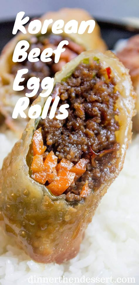 Korean Egg Roll {Ground Beef Egg Roll} - Dinner, then Dessert Ground Beef Egg Rolls, Beef Egg Rolls, Korean Egg, Korean Ground Beef, Homemade Egg Rolls, Korean Recipe, Dinner Then Dessert, Polynesian Food, Korean Beef