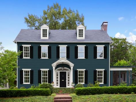 Navy Blue House Exterior White Trim Black Shutters, Houses With Black Shutters And Doors, Black Shutters Blue House, Blue And Black Exterior House, Navy Colonial House Exterior, Homes With Shutters Exterior Colors, Dark Blue House With Black Trim, Black Window Trim Exterior Color Schemes, Navy House Door Color