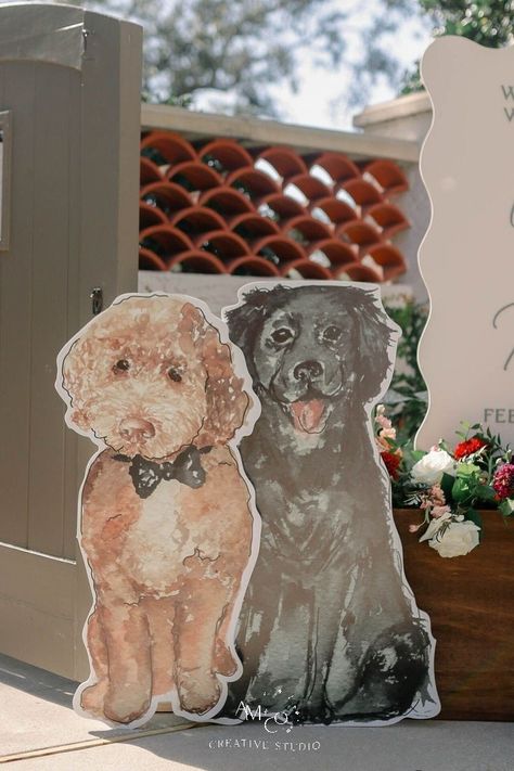 Pet Cardboard Cutout Wedding, Incorporating Dog Into Wedding, Pets In Wedding Decor, Dogs Wedding Ideas, Dog Bridal Shower Theme, Incorporate Dog In Wedding Decor, Ways To Include Dog In Wedding, Fun Wedding Welcome Sign, Dog Welcome Sign