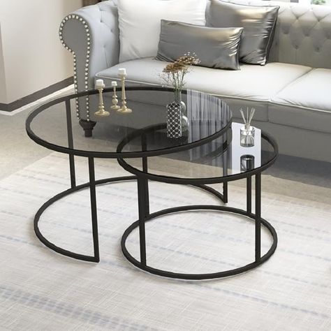 Amazon.com: DEKOPRATIK - Tokyo Coffee Table Round Smoked Glass Set of 2-31.5 Inch - Modern Center Living Room Table Set for Sala, Easy Assembly, Black Metal Frame, Mesas de Centro para Sala : Home & Kitchen Round Black Coffee Table, Round Living Room Table, Living Room Table Set, Dark Wood Coffee Table, Black Glass Coffee Table, Coffee Table Metal Frame, Round Center Table, Round Metal Coffee Table, Round Coffee Table Sets