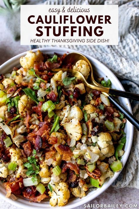 This cauliflower stuffing is the perfect Thanksgiving appetizer or side dish, or serve it as a delicious, veggie-full side to any dish this fall. You will love this fall recipe with salty bacon bits, plus its low carb and gluten-free! Cauliflower Stuffing, Easy Veggie Side Dish, Thanksgiving Side Dishes Healthy, Easy Autumn Recipes, Healthy Thanksgiving, Best Appetizer Recipes, Fall Dinner Recipes, Comfort Soup, Thanksgiving Side