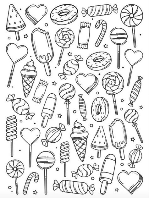 Doodle Art Ideas Sketches, Candy Drawing Easy, Sweets Doodles, Candy Doodles, Cupcake Doodle, Chocolate Doodle, Birthday Chalkboard Art, Sweets Drawing, Creating A Capsule Wardrobe