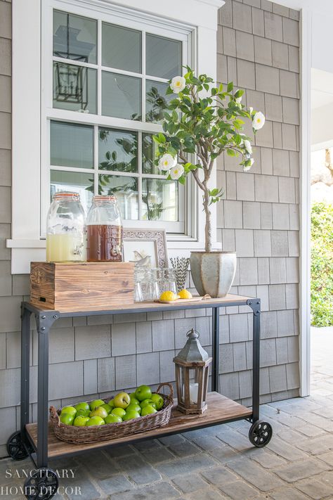 Patio Serving Station, Sitting Dining Table, Patio Table Centerpiece, Outdoor Table Centerpieces, Outdoor Patio Inspiration, Sanctuary Home Decor, Patio Table Decor, Dining Centerpiece, Patio Entertaining