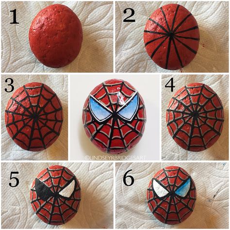 Step by step Spiderman painted rock. Painted Rocks Spiderman, Rock Painting Spiderman, Superman Rock Painting, Superhero Painted Rocks, Spiderman Rock Painting Ideas, Spider Man Rock Painting, Rock Painting Step By Step, Tall Plants Outdoor, Rock Painting Ideas Easy Step By Step