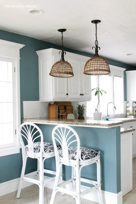 Hi City Farmhouse friends! It's Emily from The Wicker House here and today I wanted to stop by and share our home's calming paint colors with you. Popular Kitchen Paint Colors, Calming Paint Colors, Paint For Kitchen, Farmhouse Kitchen Colors, Blue Kitchen Designs, Wicker House, Light Blue Kitchens, Model Dapur, Paint For Kitchen Walls