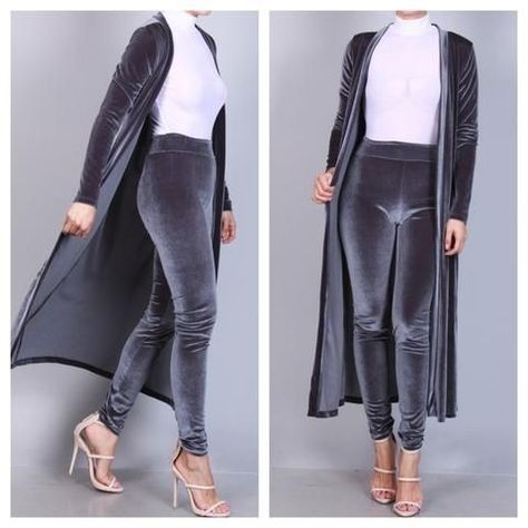 New Clothes Styles For Women, Velvet Dress Designs Fashion, Velvet Coat Outfit, Velvet Outfits For Women, Grey Velvet Dress, Velvet Duster, Coat Set, Velvet Dress Designs, Pakistani Fashion Casual