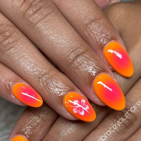 nails by stephanie 🤍 on Instagram: "Hibiscus 🩷  #dipmanicure #dippowdernails #naturalnails #nails #nailinspo #dipmani #coralspringsnails #margatenails #browardnails #browardnailtech #dippowder #embraceyournails #homebasednailtech #summernails #hibiscusnails #airbrushnails" Cute Gel Nails For School, Pink And Orange Hibiscus Nails, Orange Hibiscus Nails, Hibiscus Nails, Hibiscus Flower Nails, Hibiscus Nail Art, Tropical Flower Nails, Aloha Nails, Hawaiian Nails